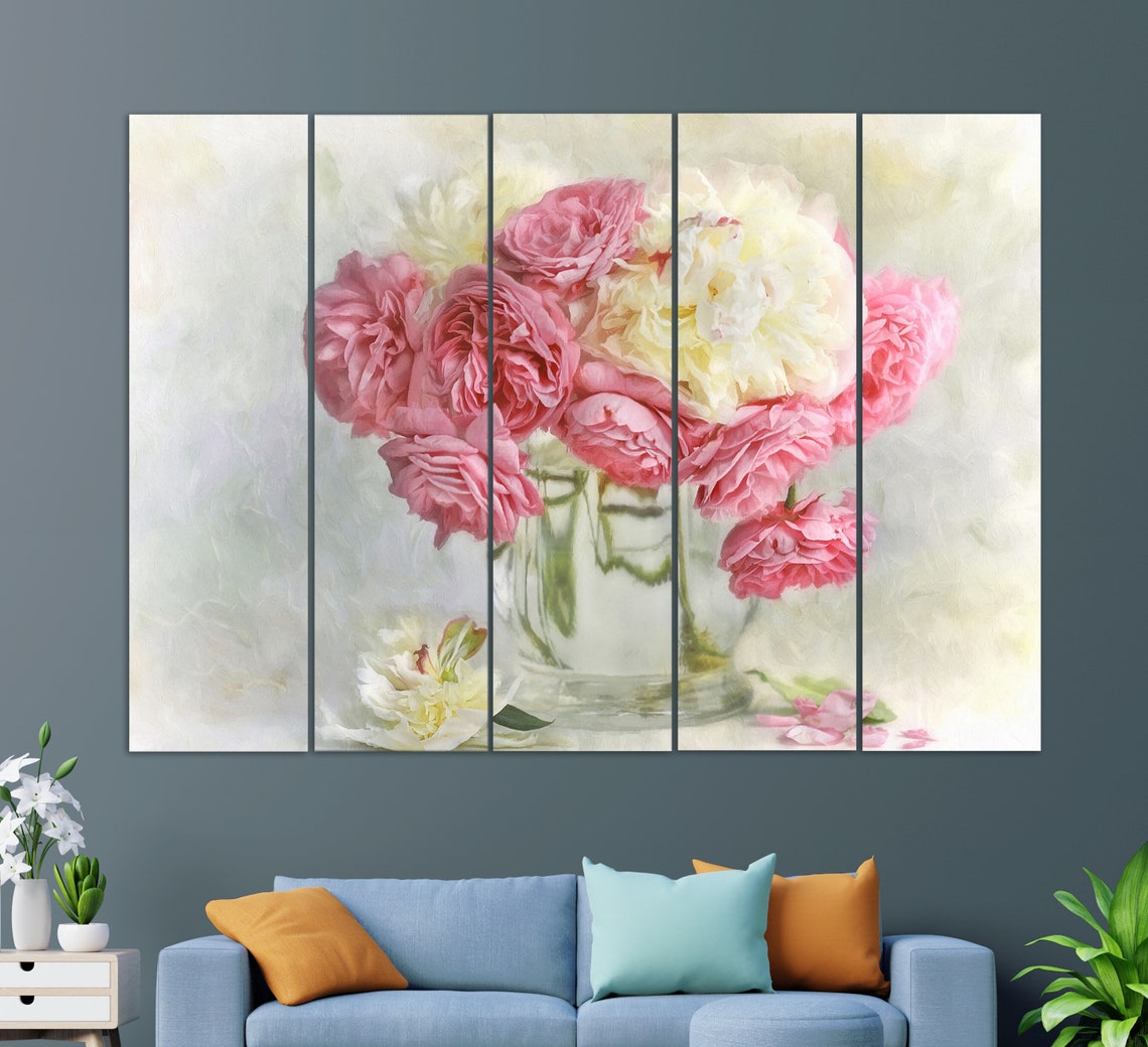 Pink Roses Bouquet In Glass Vase Soft Floral Painting Wall Art - Image 3