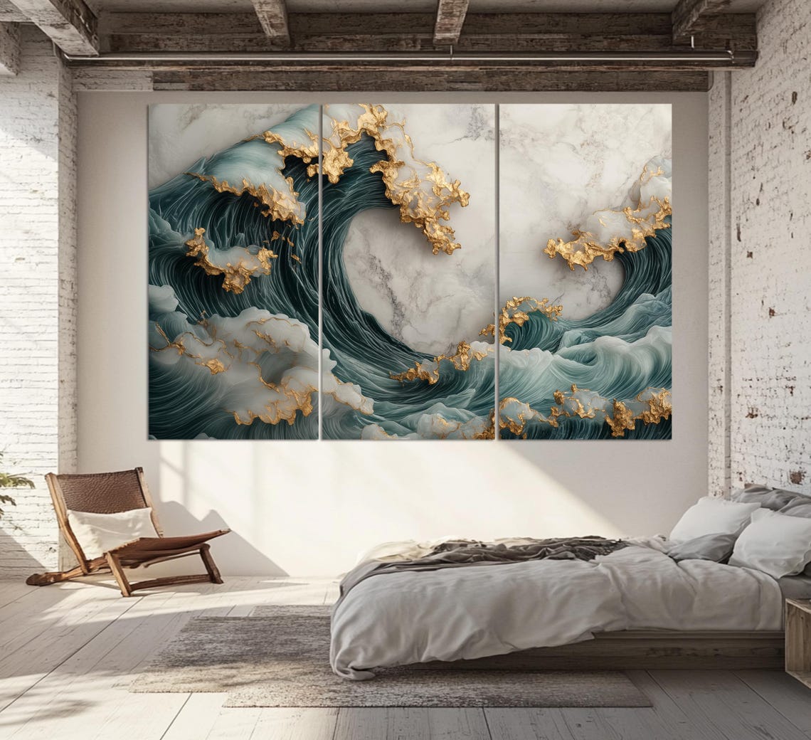 Teal Green Ocean Waves Gold Marble Luxury Abstract Sea Wall Art Poster - Image 3
