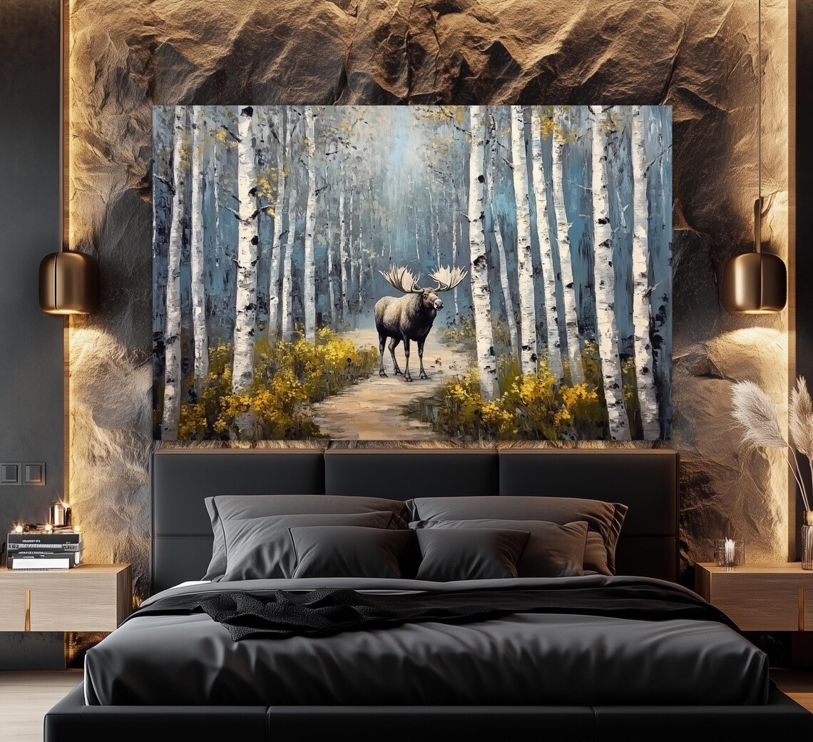Majestic Moose In Misty Birch Forest Autumn Painted Wildlife Wall Poster - Image 3