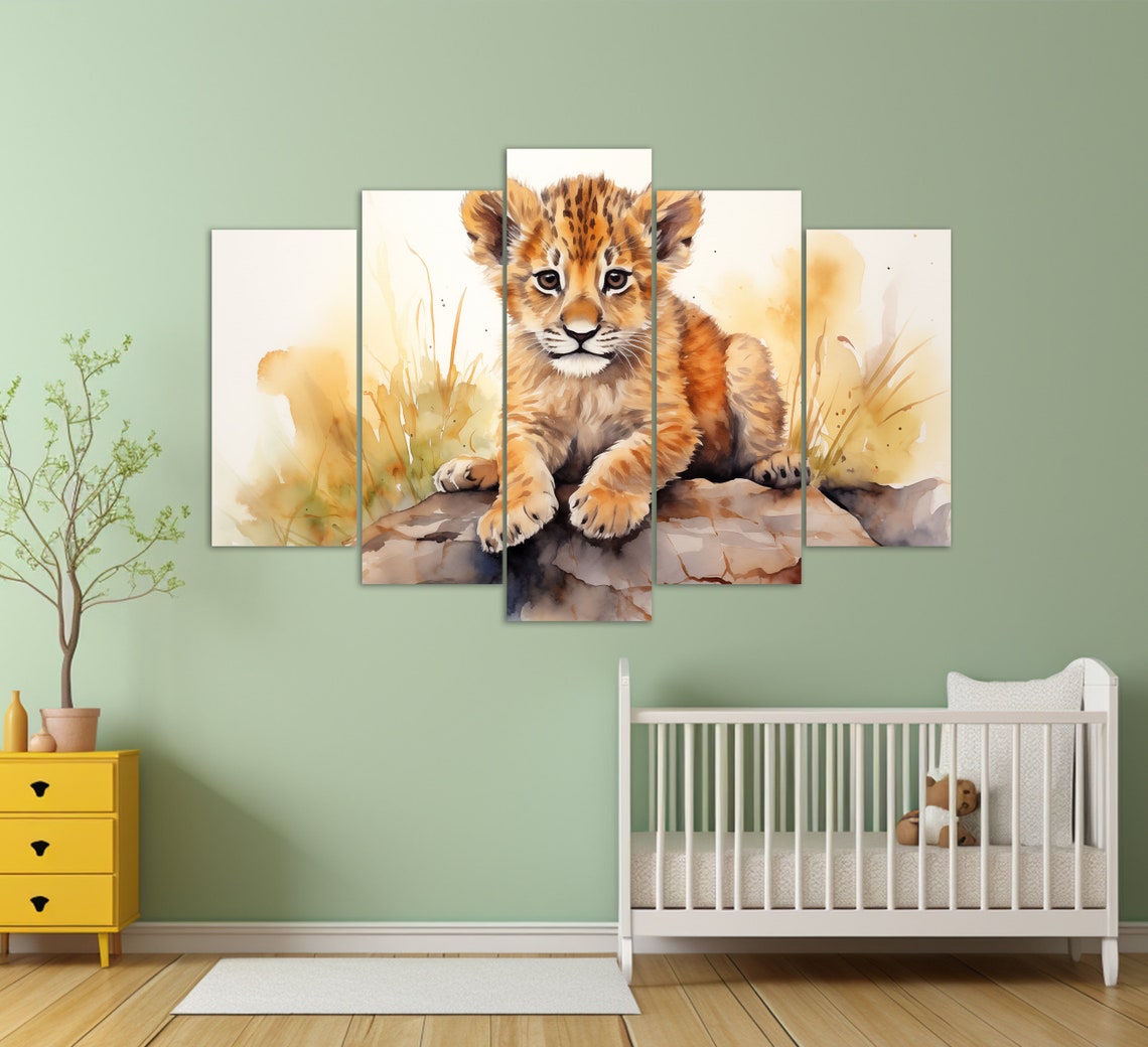 Cute Lion Cub Sitting On Rock Watercolor Nursery Kids Wall Art - Image 2