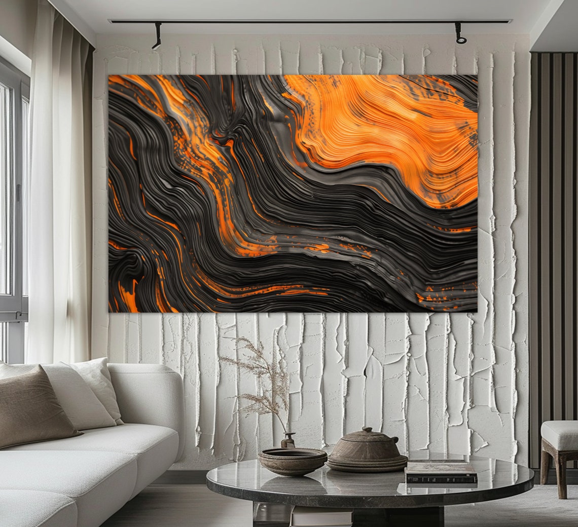 Abstract Black Orange Flowing Marble Swirl Modern Wall Art Print - Image 2
