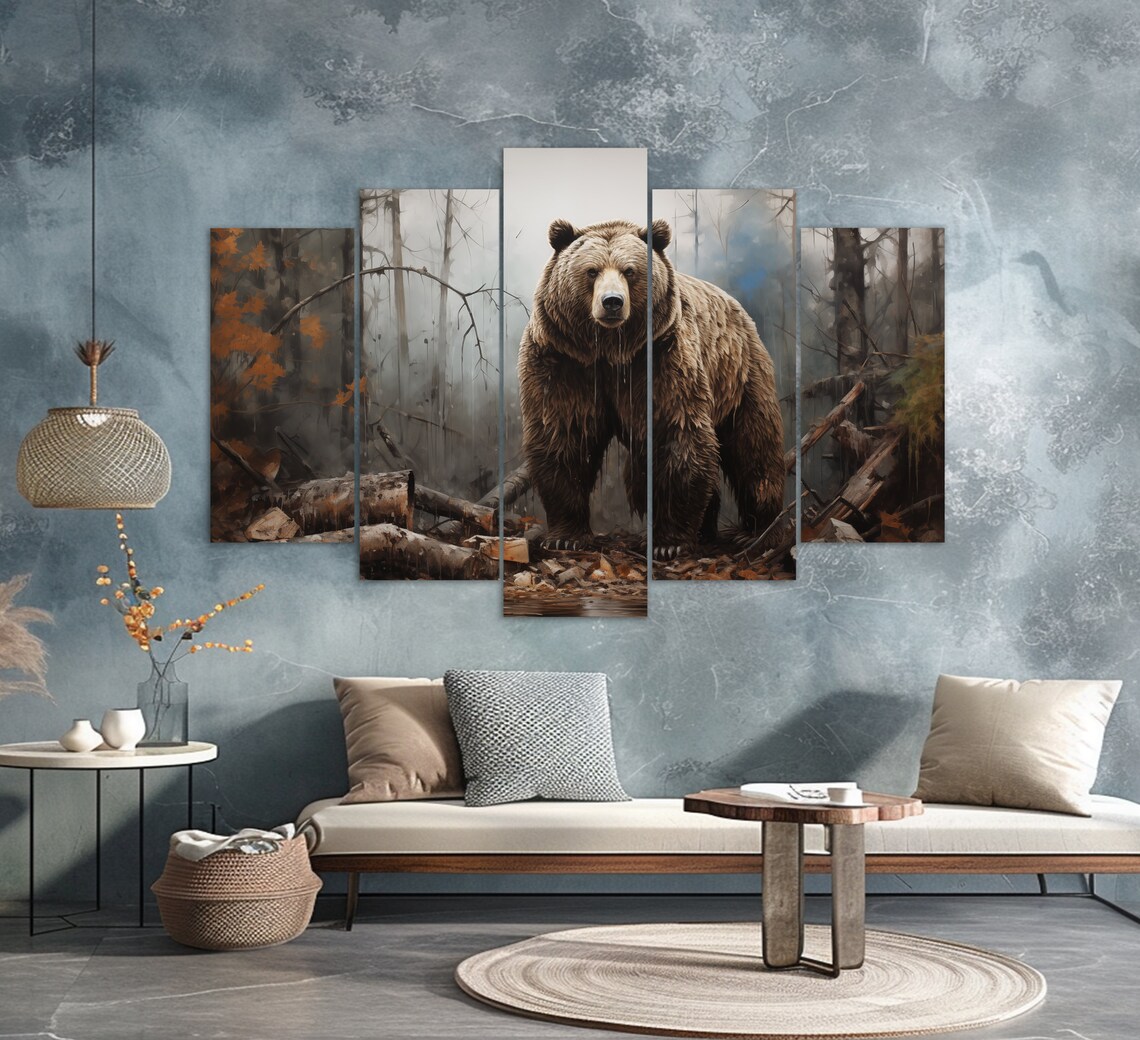 Grizzly Bear In Autumn Forest Fallen Logs Wild Animal Portrait Wall Art - Image 2