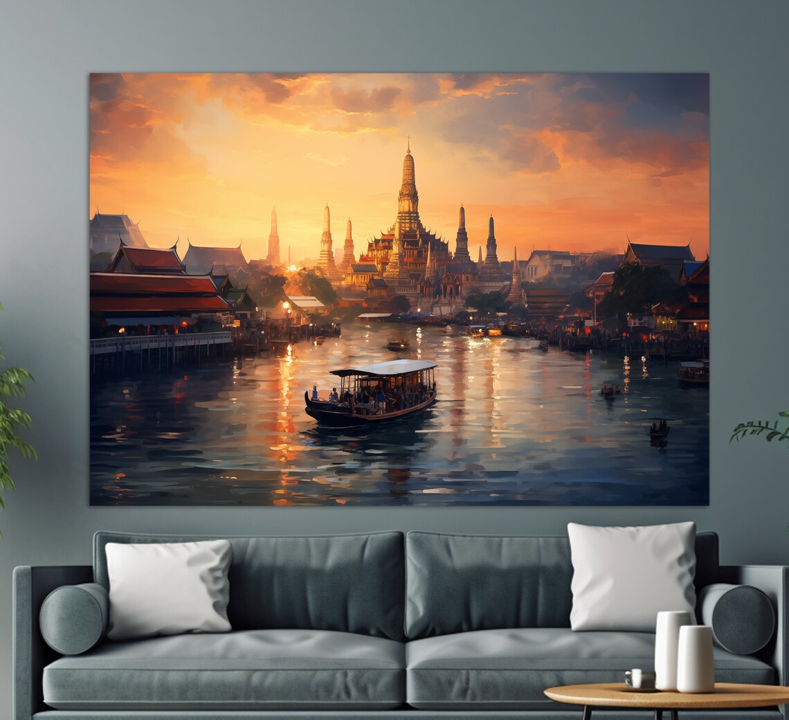 Misty Bangkok Sunset River With Golden Temples And Boat Travel Poster