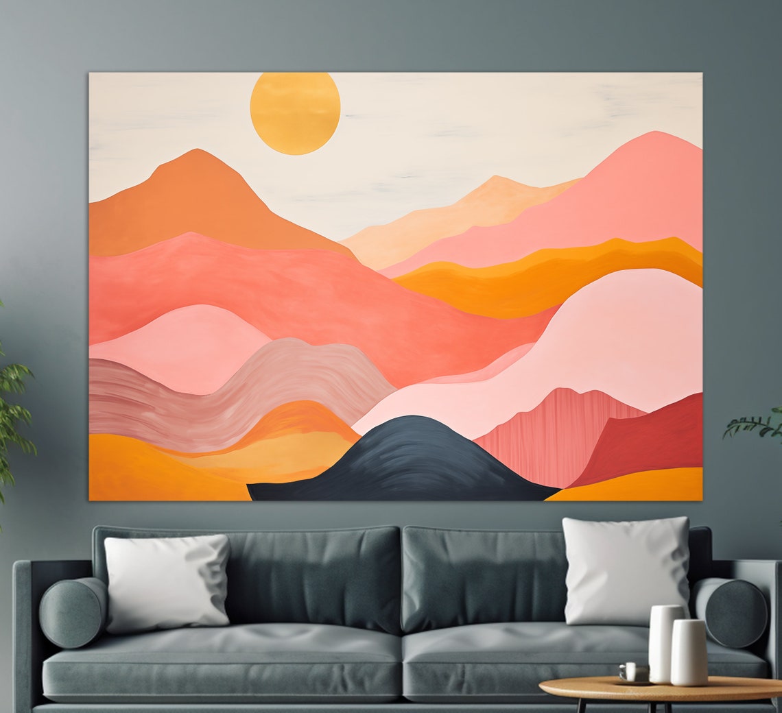 Boho Wall Art Orange Sun Over Pink And Orange Mountains Painting Minimalist Print Minimalist Wall Decor Boho Art
