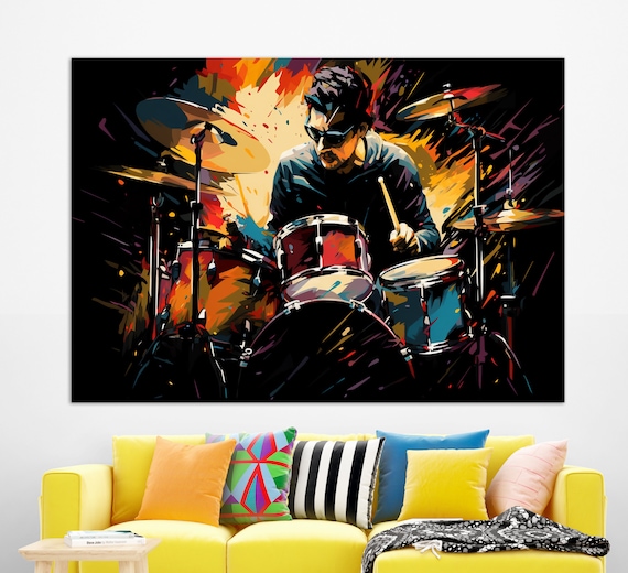 Colorful Pop Art Drummer Playing Drums Rock Music Energy Painting Poster