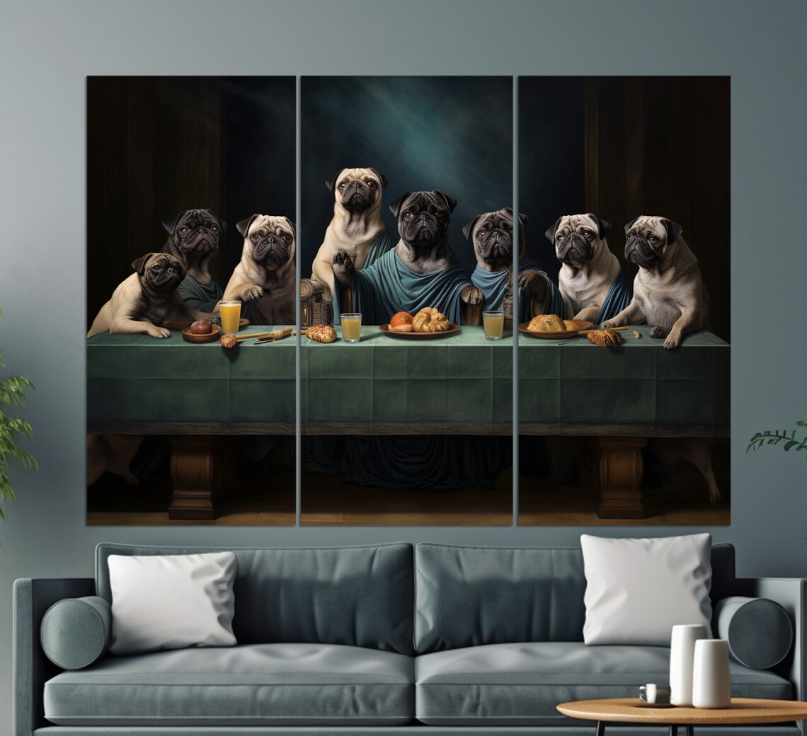 Dogs Having Dinner, Pugs Kitchen Wall Art Print - Image 2
