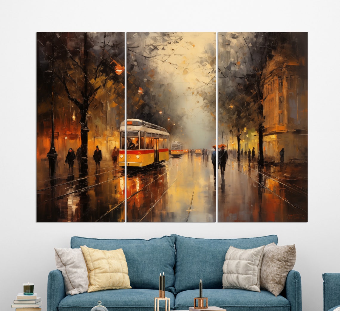 Zagreb Rainy Evening Tram Street Wet Reflections Oil Painting Poster - Image 2