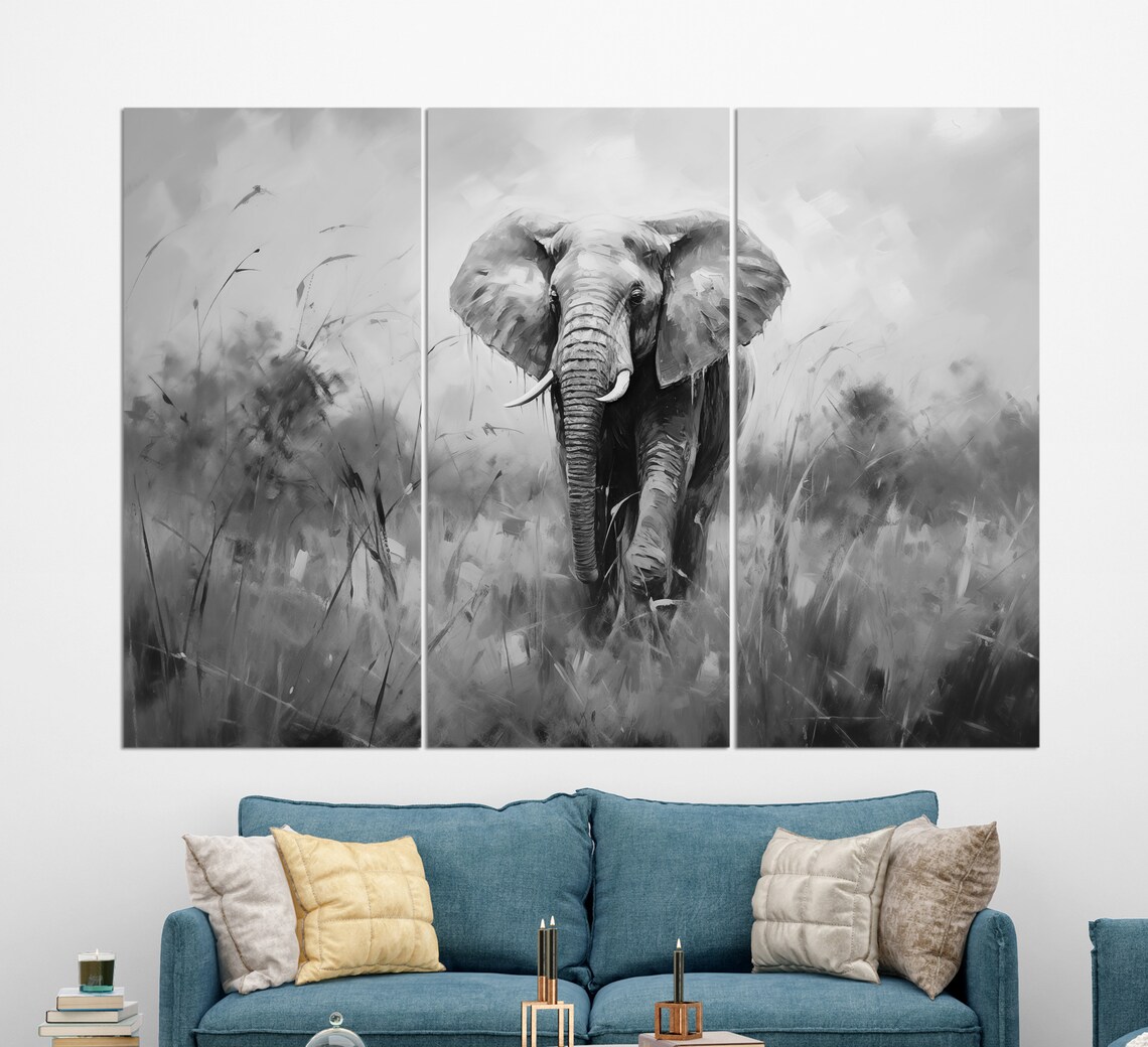 Majestic Elephant Golden Savanna Grass Oil Painting Wildlife Animal Poster - Image 3