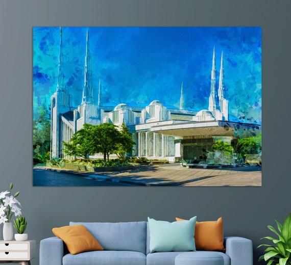Portland Oregon Temple Spires Bright Blue Sky Watercolor Travel Poster