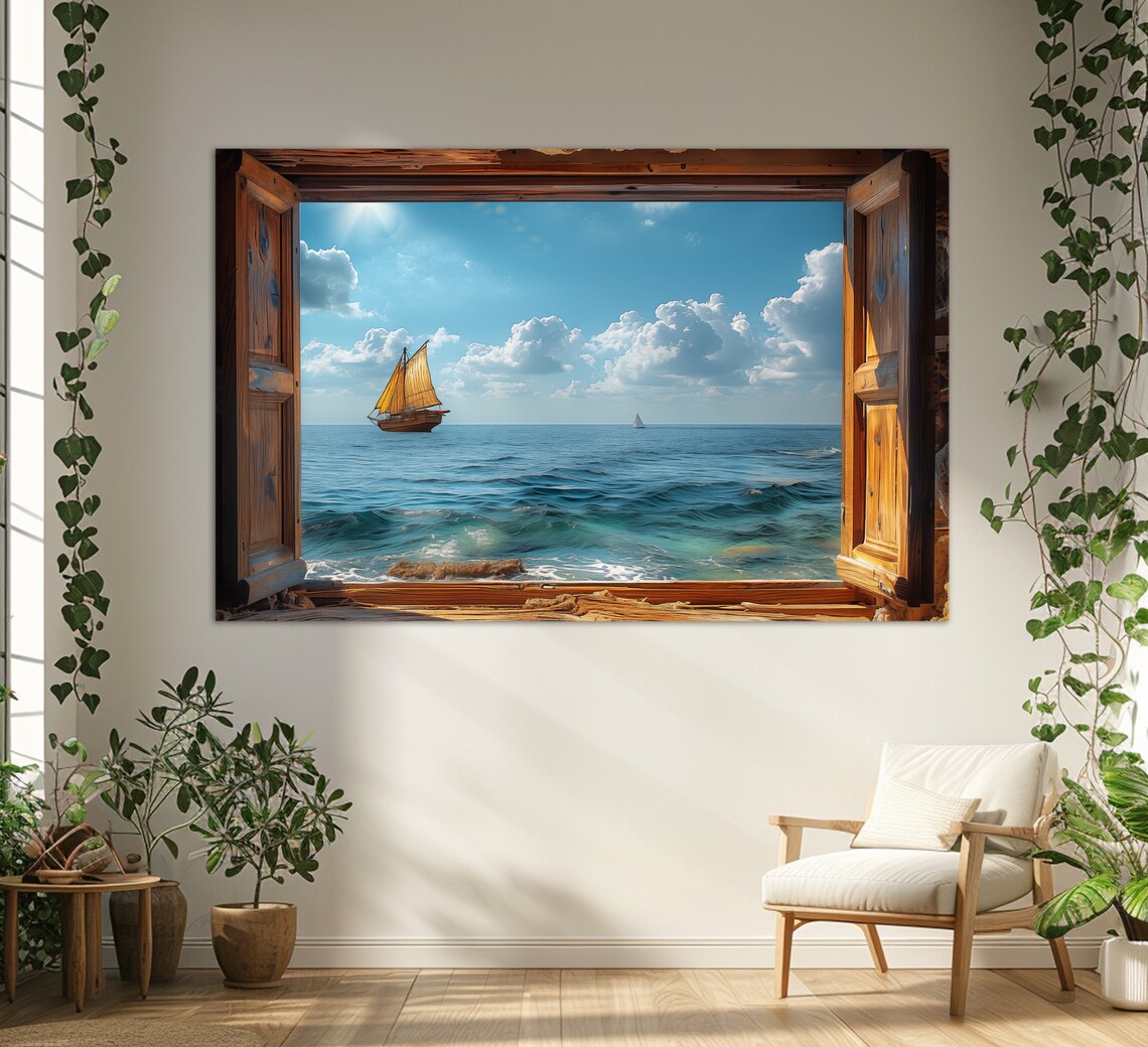 Open Window With Ocean Beach View, Modern Art Print