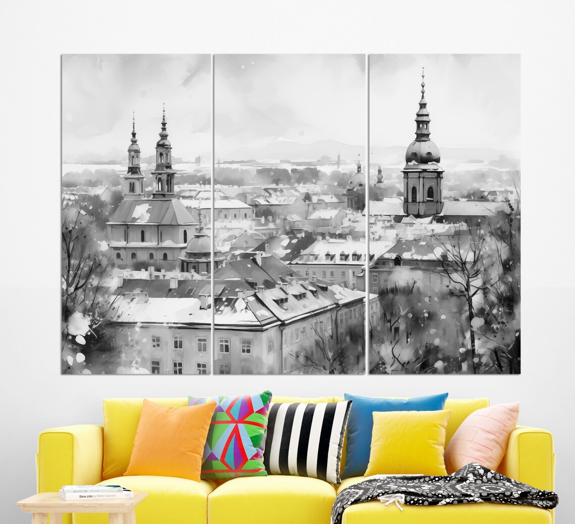 Misty Ljubljana Slovenia Winter Church Spires Snow Watercolor Poster - Image 3