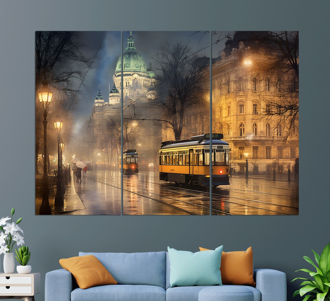 Misty Vienna Night Trams Rainy Street Domed Church Glow Travel Poster - Image 2