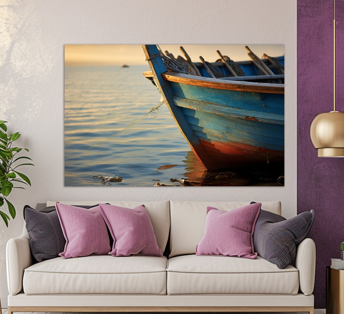 Old Blue Wooden Fishing Boat On Calm Sea Sunset Coastal Photo Poster