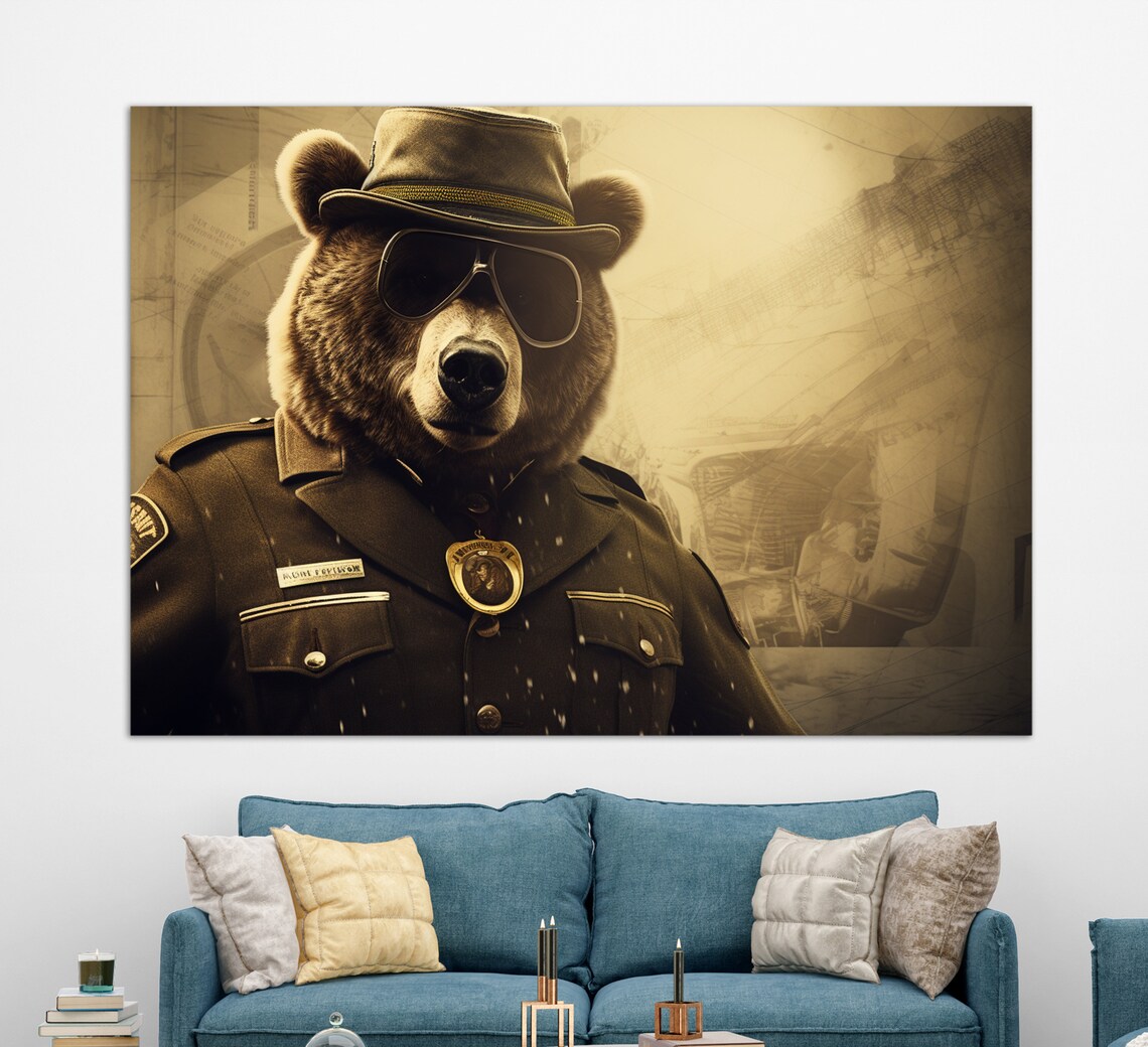 Bear Sheriff Vintage Sepia Bear Officer Hat Badge Funny Animal Wall Art Print