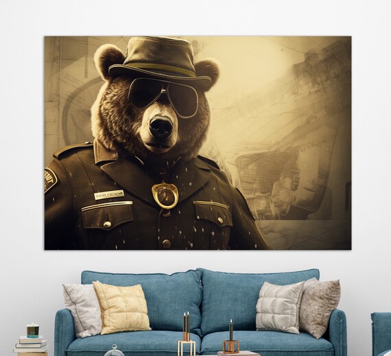 Bear Sheriff Vintage Sepia Bear Officer Hat Badge Funny Animal Wall Art Print