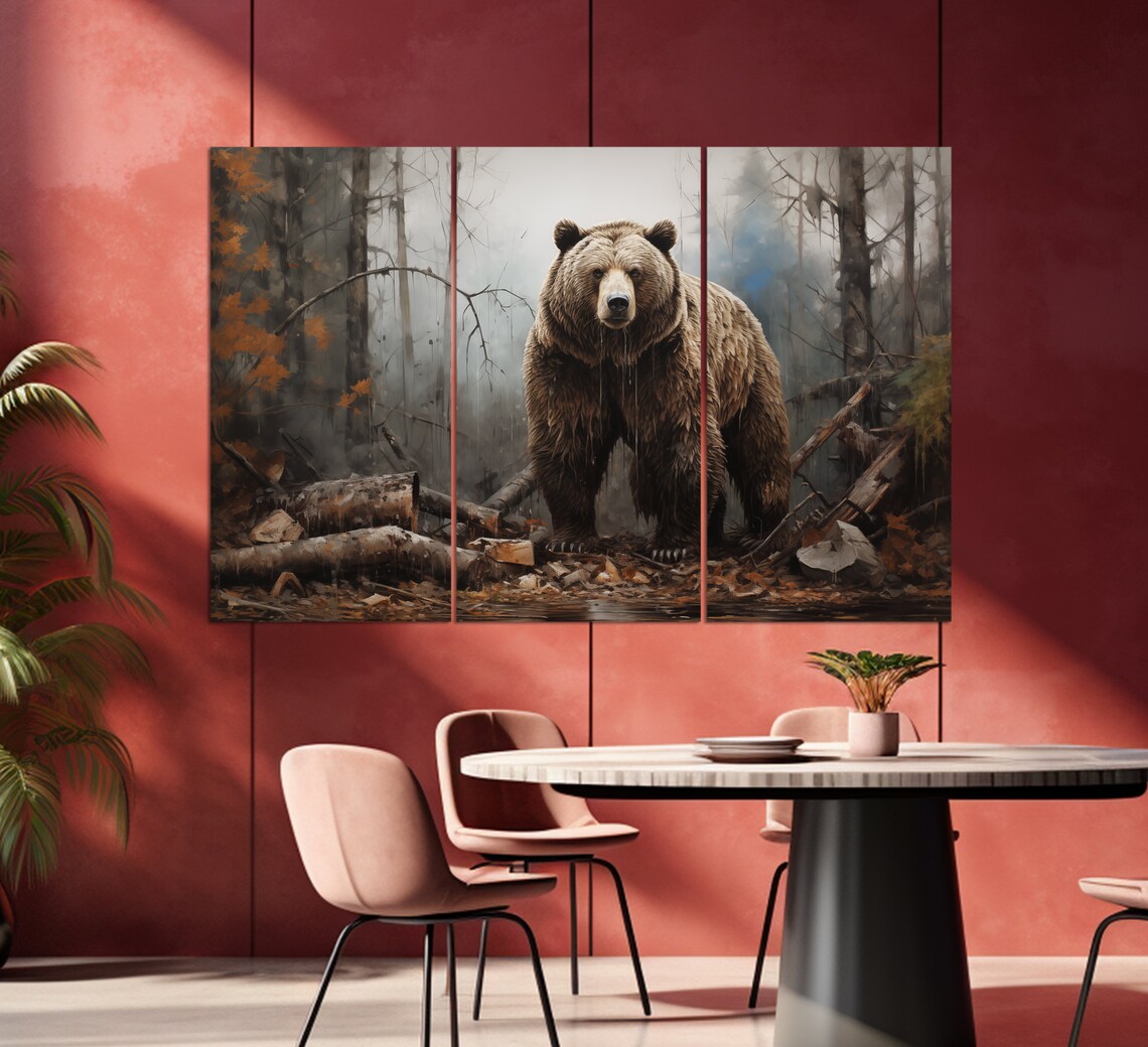 Grizzly Bear In Autumn Forest Fallen Logs Wild Animal Portrait Wall Art - Image 3
