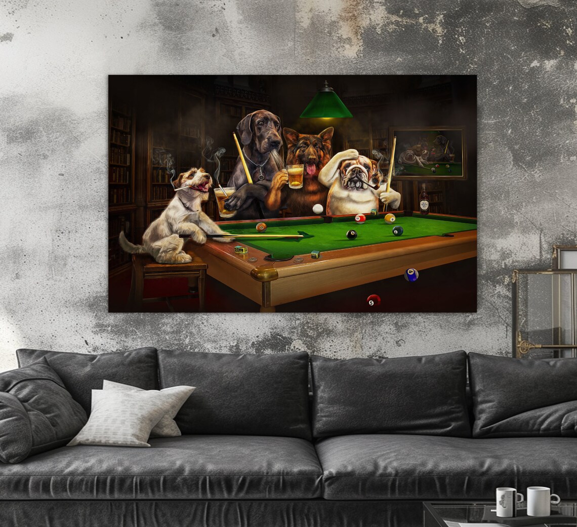 Dogs Playing Billiards, Billiard Room Wall Art Print