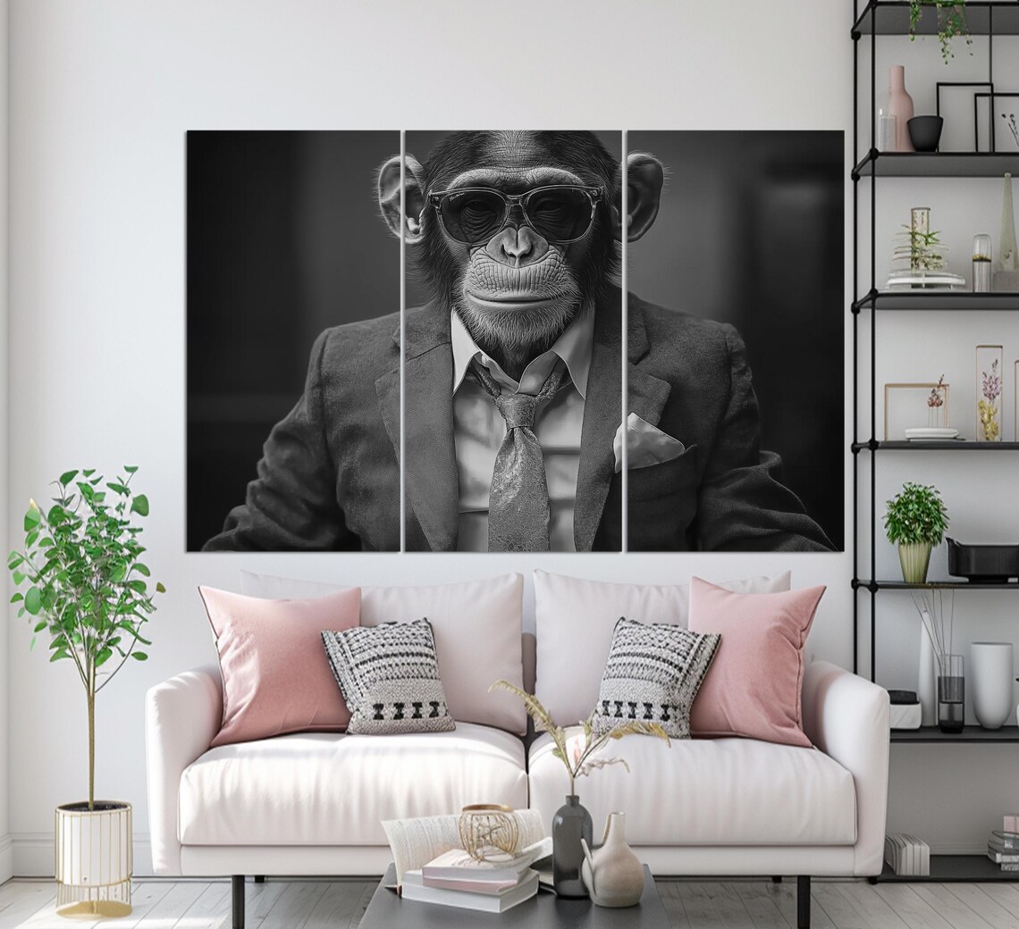 Elegant Chimpanzee In Red Suit Sunglasses Gold Tie Animal Portrait Poster - Image 2