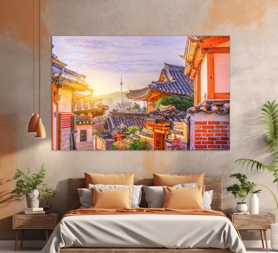 Bukchon Hanok Village Seoul Sunrise Rooftops N Seoul Tower View Poster