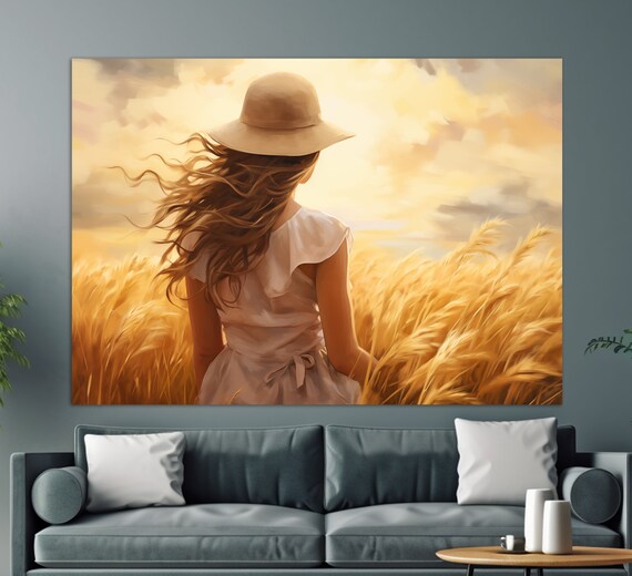 Woman In Wheat Field Golden Sunset Walk Impressionist Oil Painting Poster