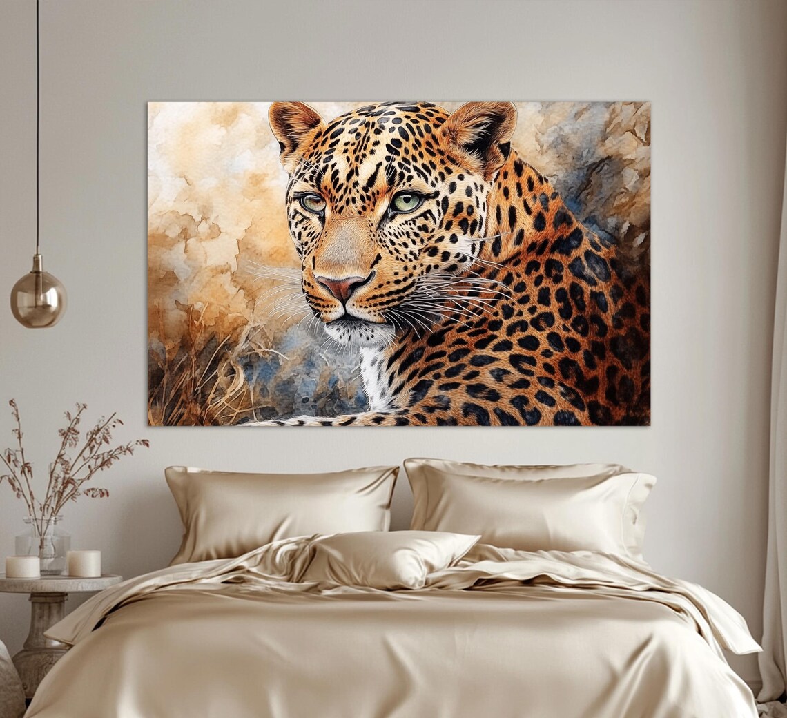 Beautiful Leopard Close Up Portrait Watercolor Wild Animal Art Print