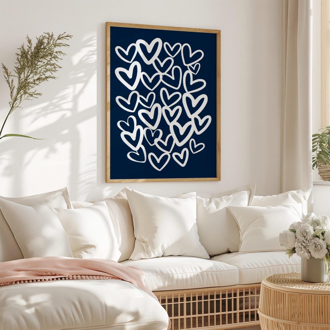 Hand Drawn White Hearts on Navy Blue Preppy Dorm Room Poster - Image 3