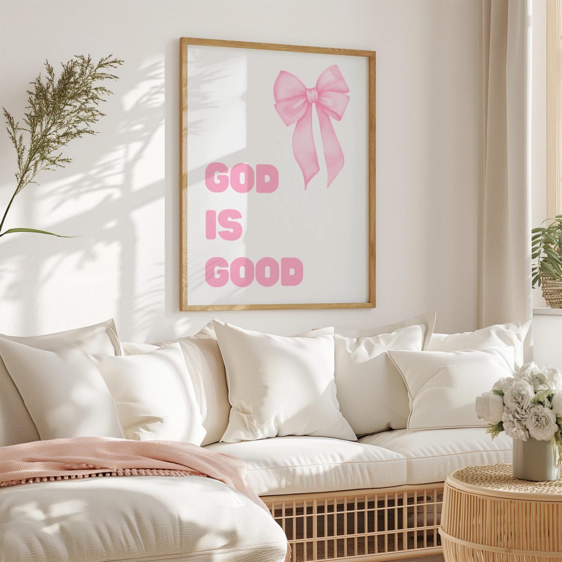 God Is Good Pink Bow Christian Faith Quote Nursery Room Poster - Image 2