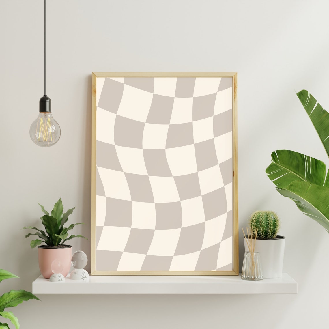 Beige Wavy Checkerboard Poster Neutral Groovy Check Pattern Room Decor - Image 2