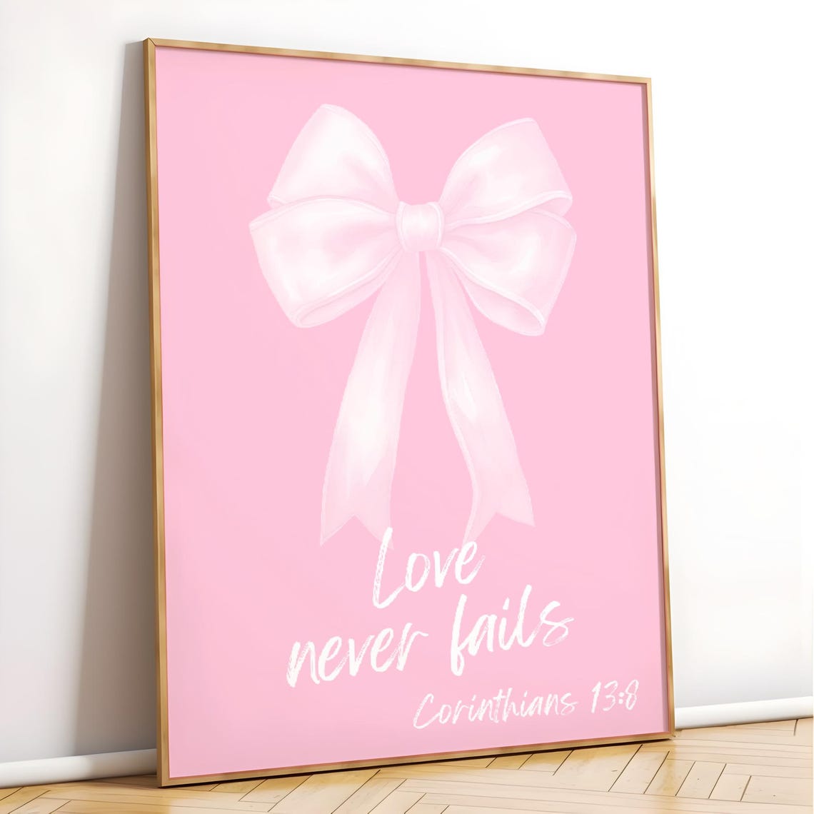 Love Never Fails White Bow Corinthians Scripture Pink Poster - Image 3
