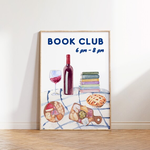 Book Club 6 To 8 Pm Watercolor Wine Books Charcuterie Poster