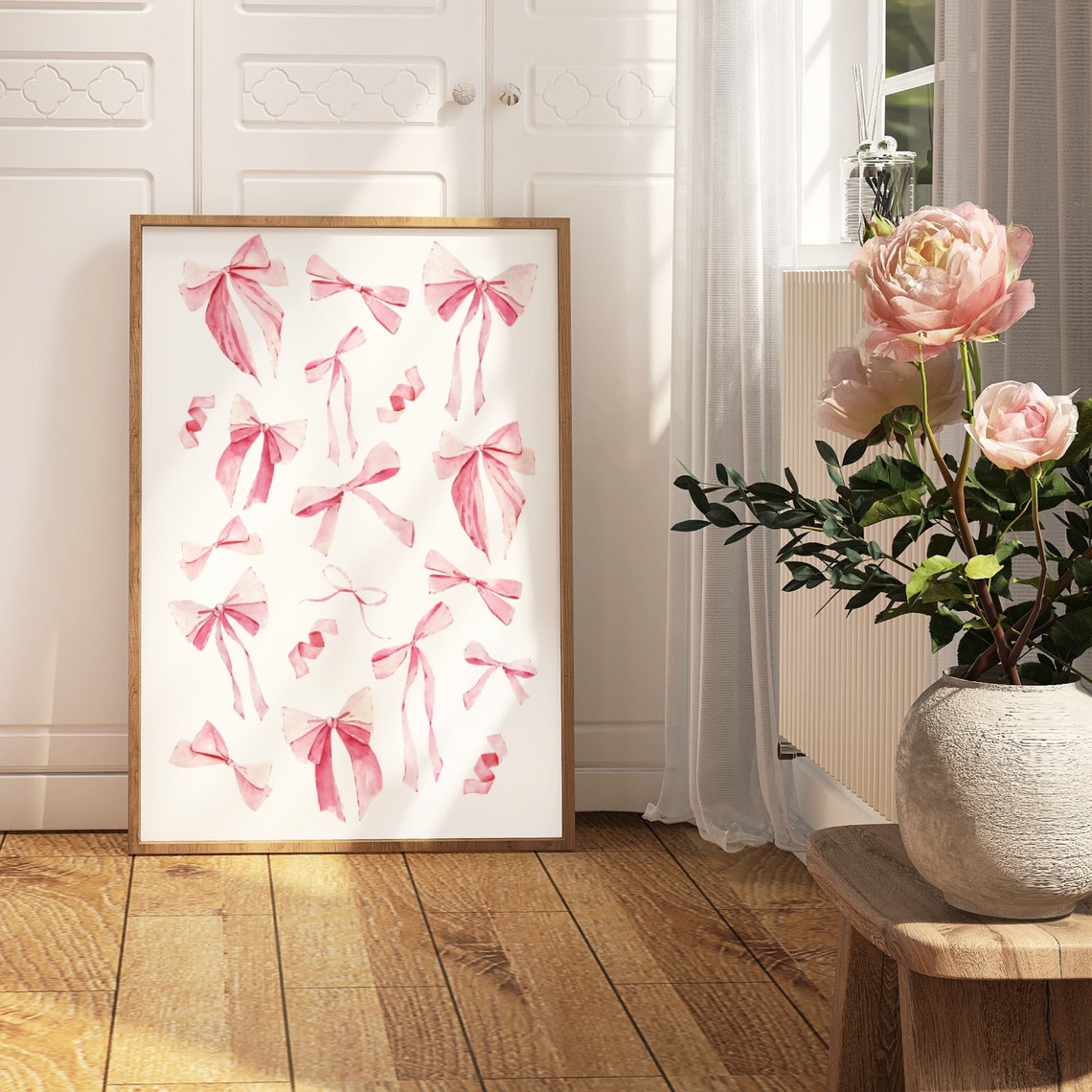 Pink Watercolor Bows Pattern Coquette Girly Nursery Art Poster - Image 4
