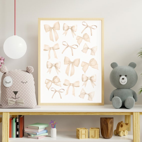 Beige Bow Print Preppy Wall Art Teen Room Decor White Bow Print Pastel College Apartment Decor Nursery Girly Wall Art Beige Bows Poster