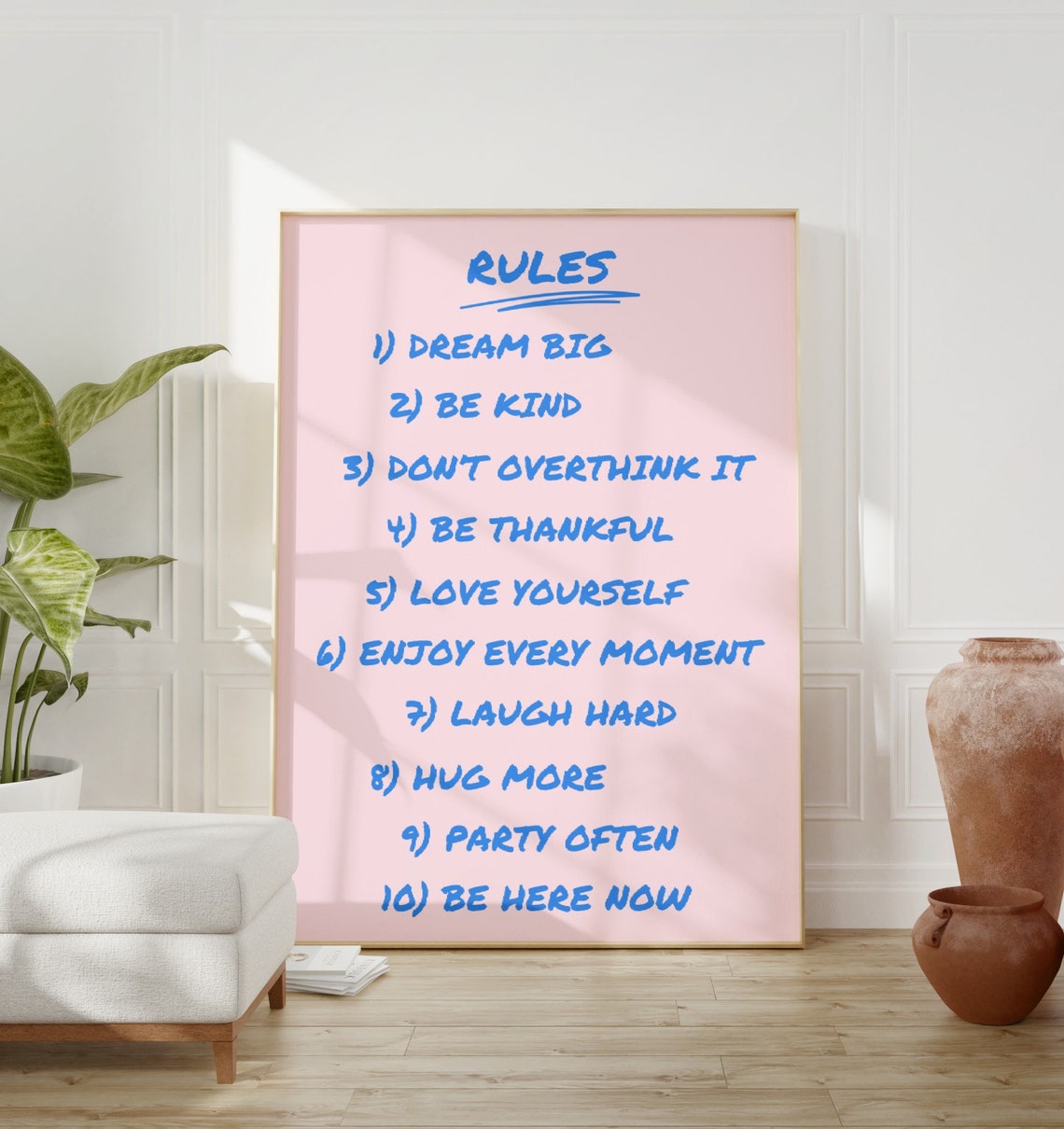 House Rules Dream Big Be Kind Ten Rules Pink Blue Retro Quote Poster