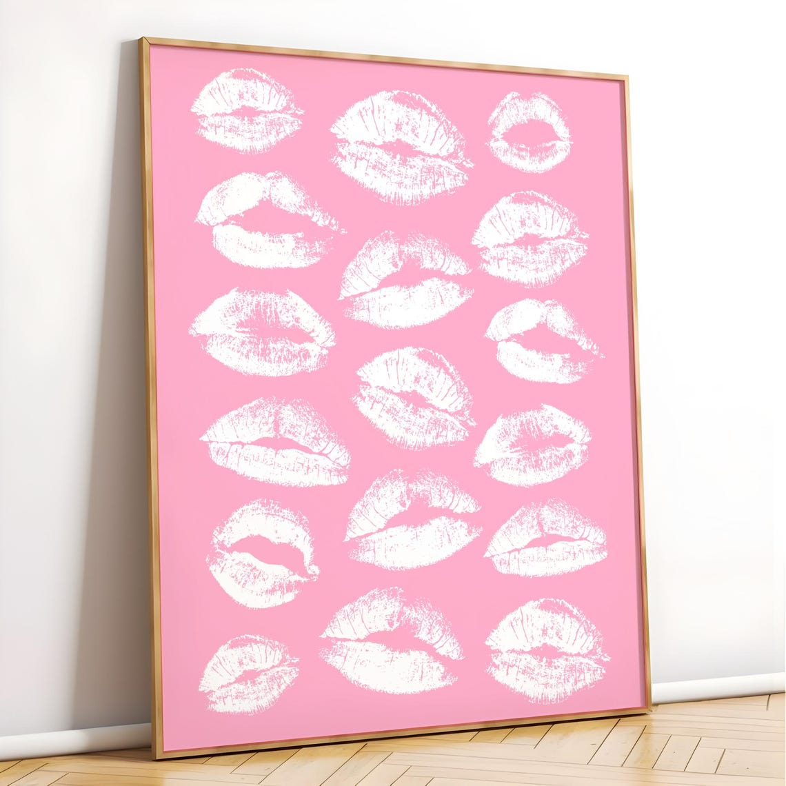 White Lipstick Kiss Marks Pink Trendy Dorm Room Girly Poster - Image 4