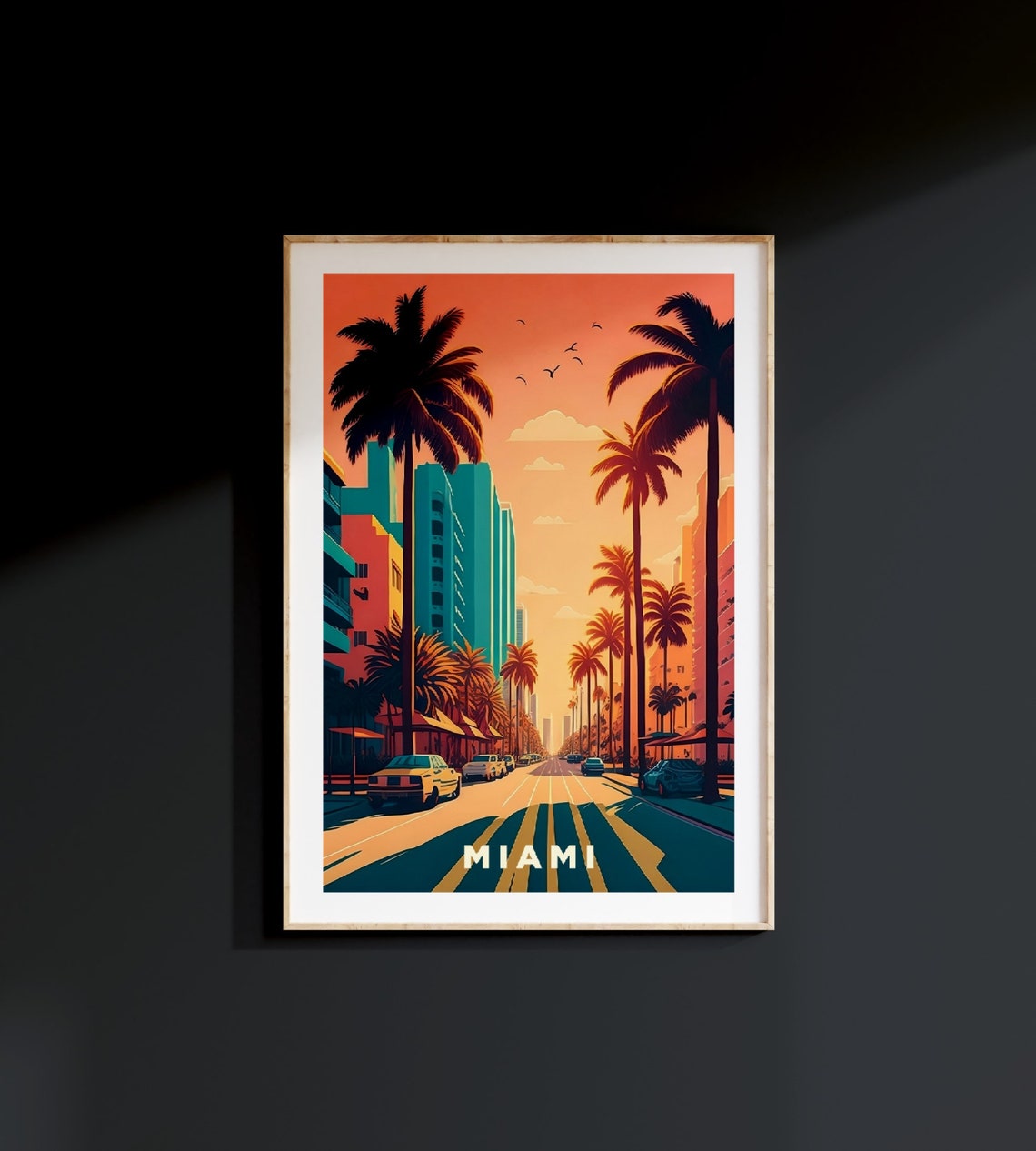 Miami Sunset Palm Tree Street Retro Travel Exhibition Poster
