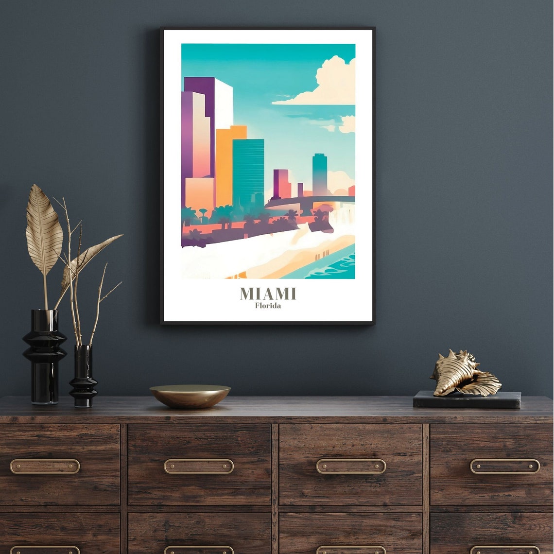 Miami City Travel Print Art Pink Blue Miami Travel Exhibition Print Trendy Wall Print Miami Poster Travel Posters Usa
