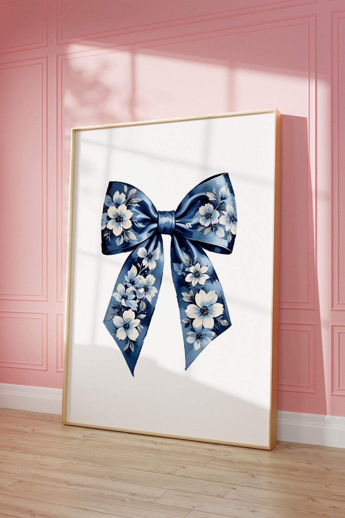 Navy Blue Floral Bow Watercolor Chinoiserie Elegant Classic Wall Art - Image 2