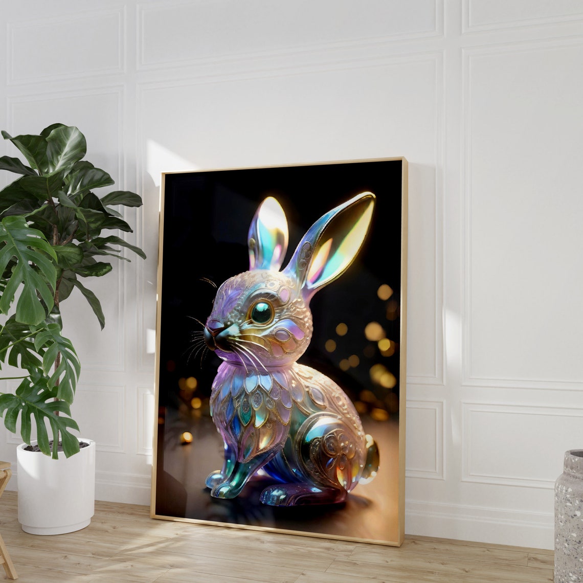 Iridescent Glass Bunny Rabbit Black Background Fantasy Cute Art Poster - Image 3