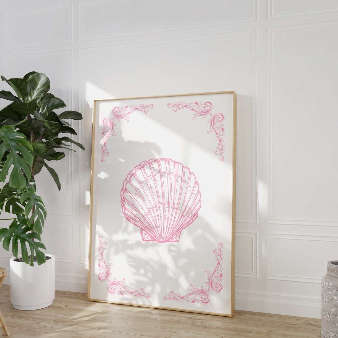 Pink Seashell Line Art Coastal Chinoiserie Beach House Room Poster - Image 3
