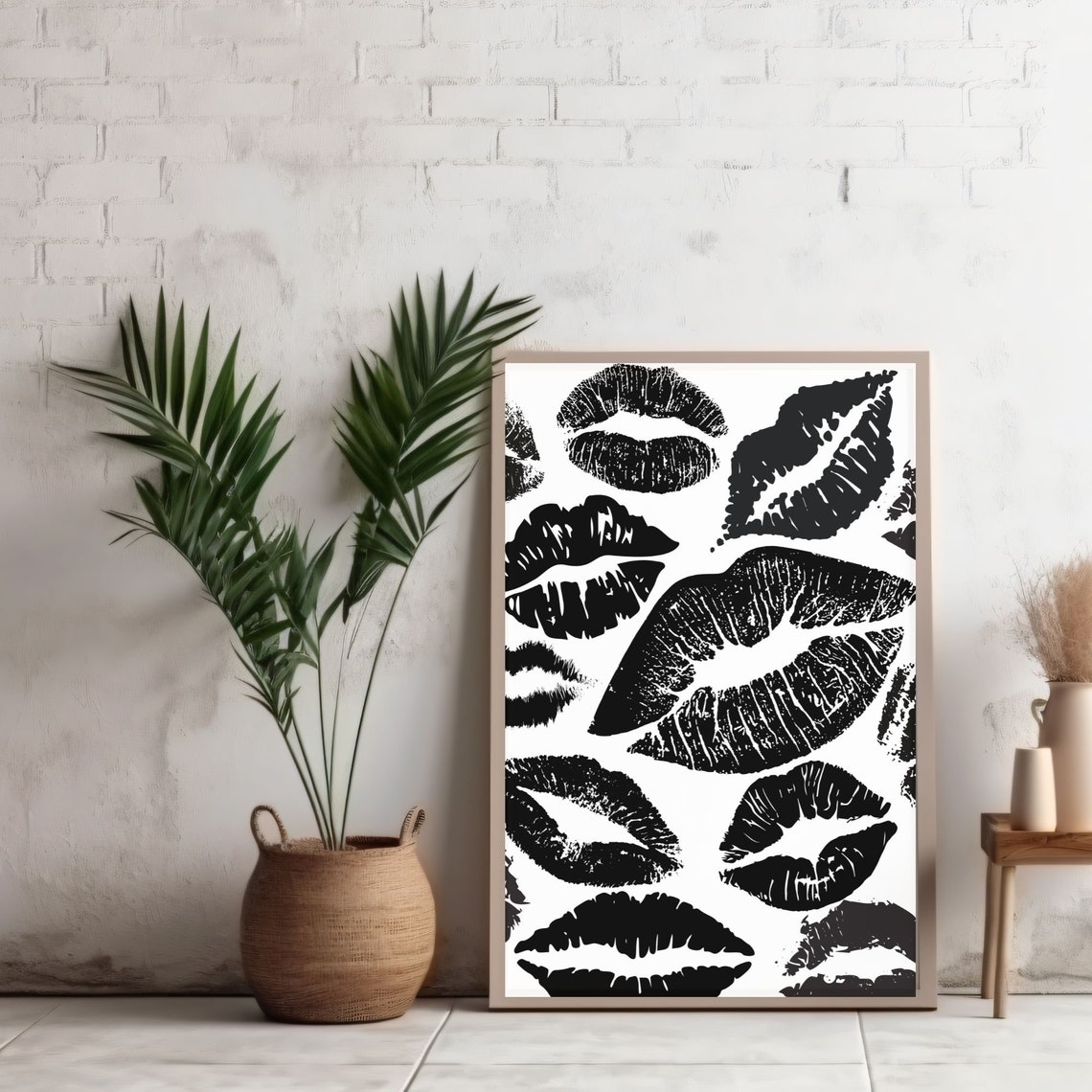 Black Lipstick Kiss Marks Grid White Retro Lips Collage Poster - Image 3