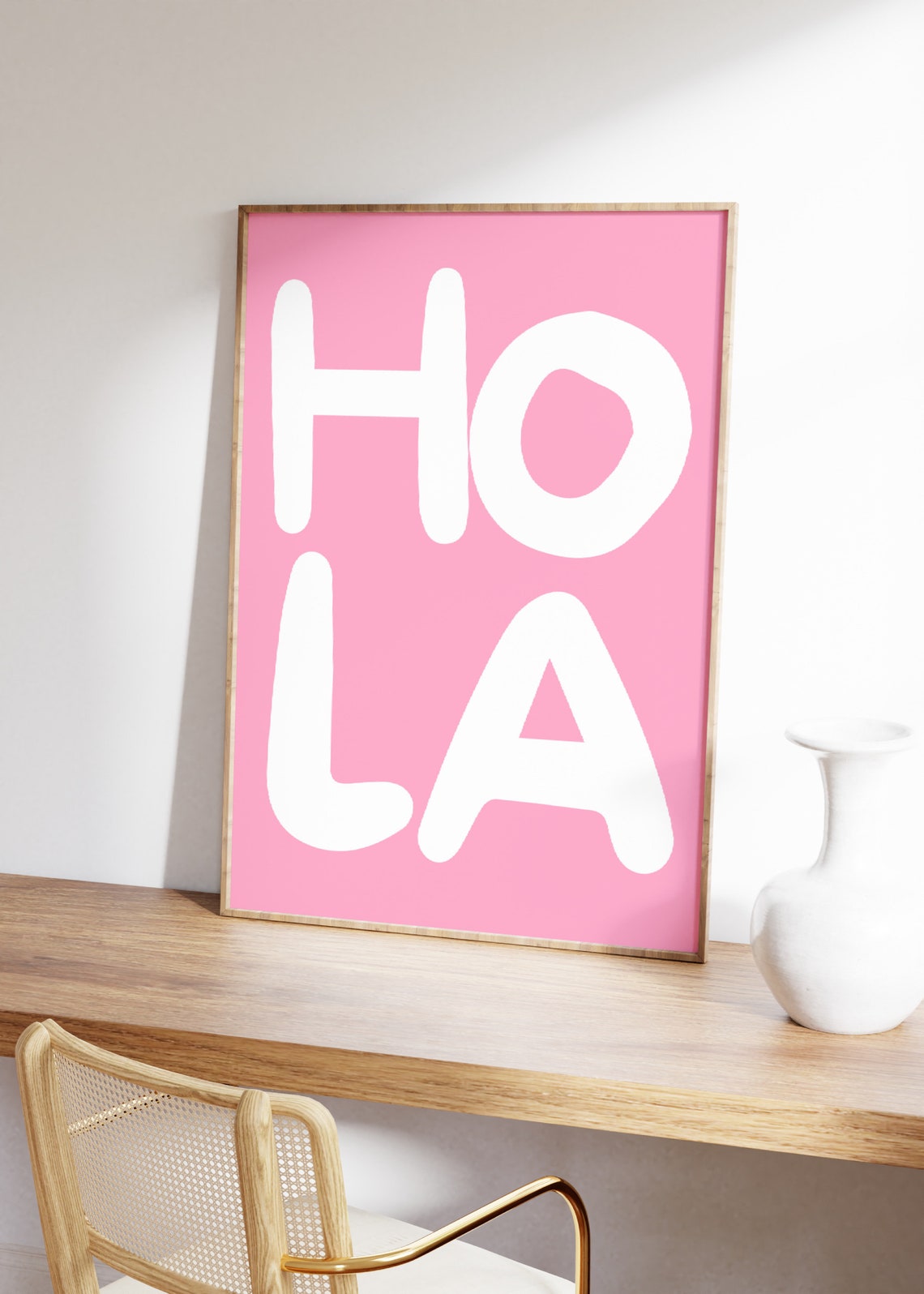 Hola White On Pink Retro Spanish Greeting Trendy Wall Poster - Image 2