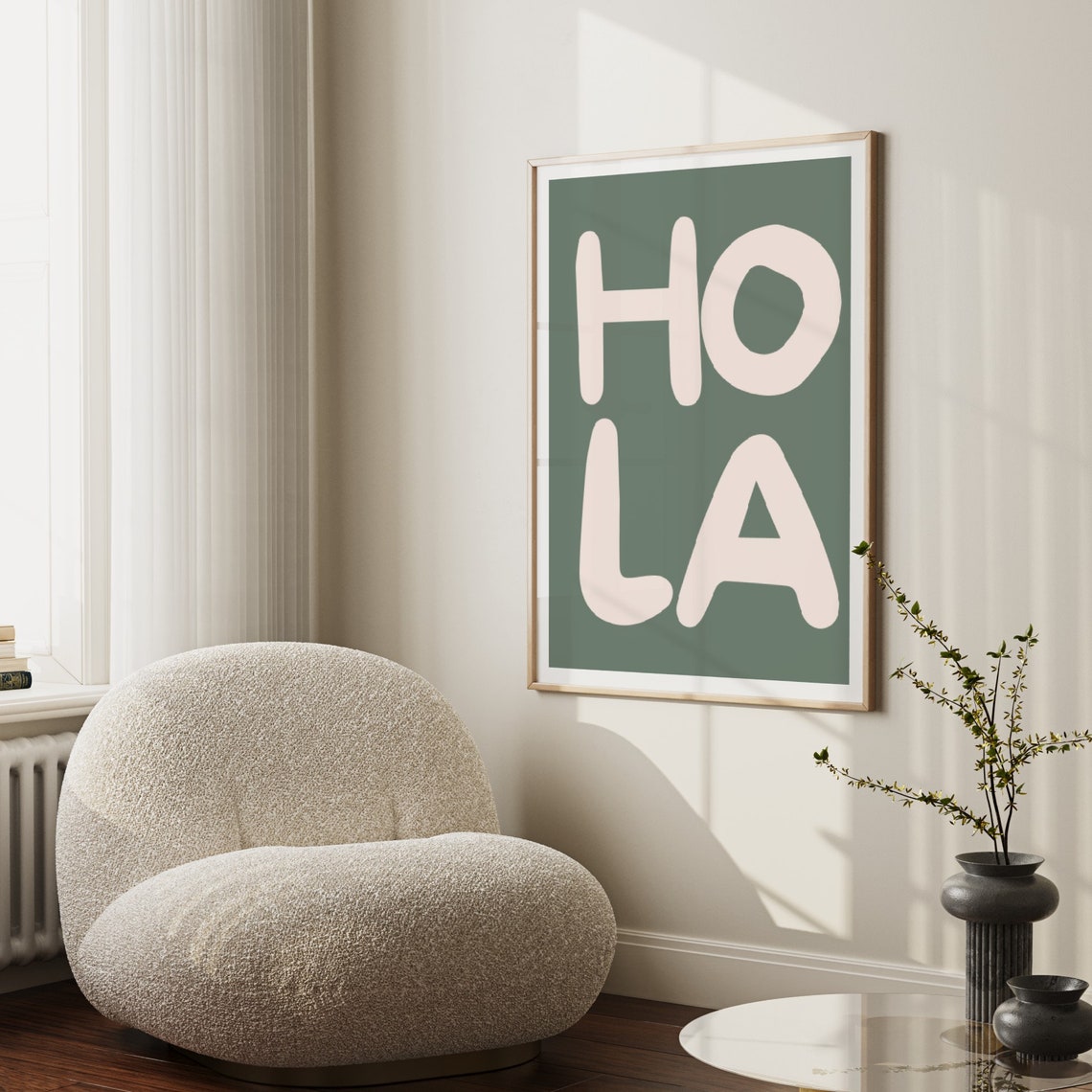 Hola Cream Chunky Bubble Letter Sage Green Spanish Phrase Poster - Image 3