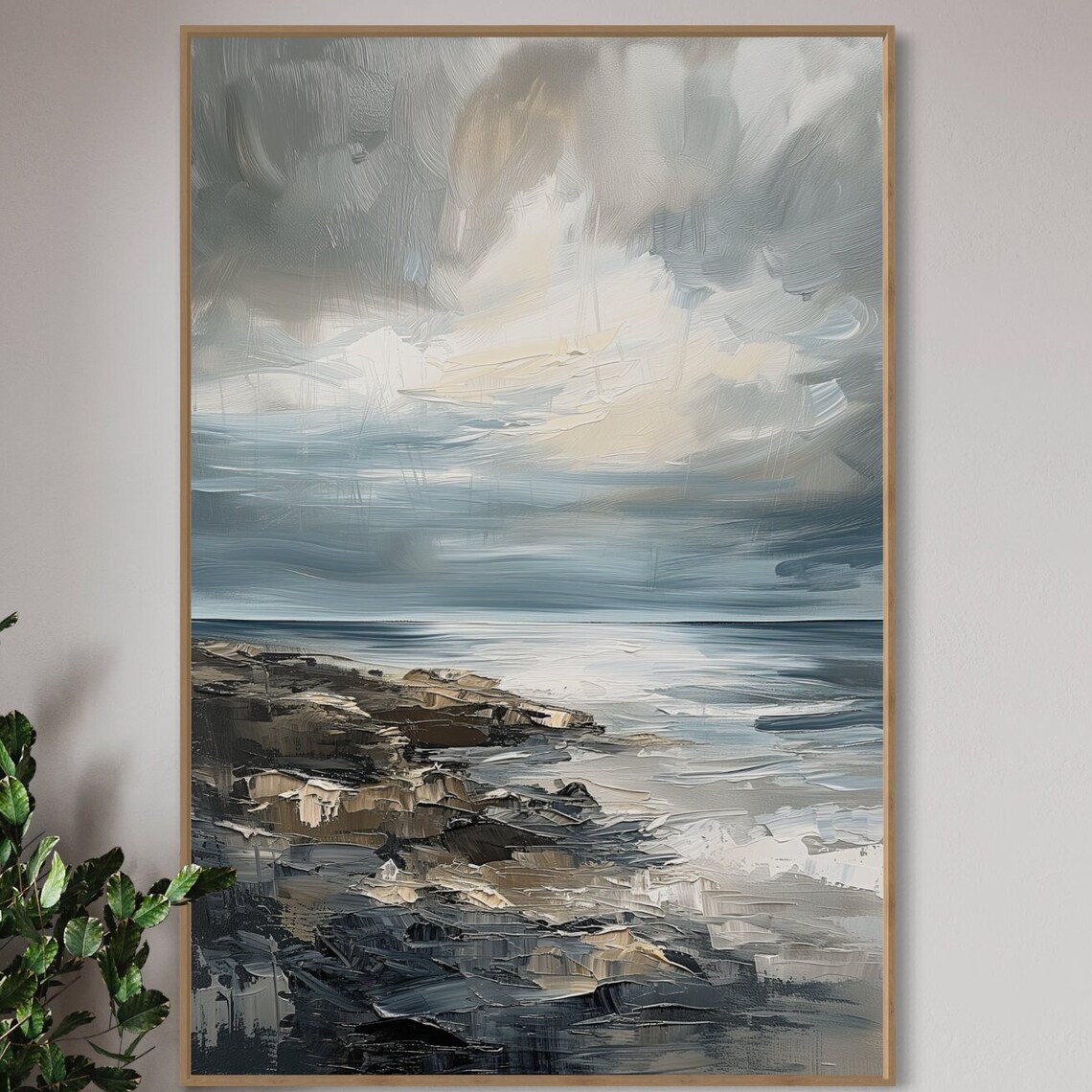 Stormy Grey Blue Abstract Seascape Rocky Shore Moody Ocean Art Poster - Image 2