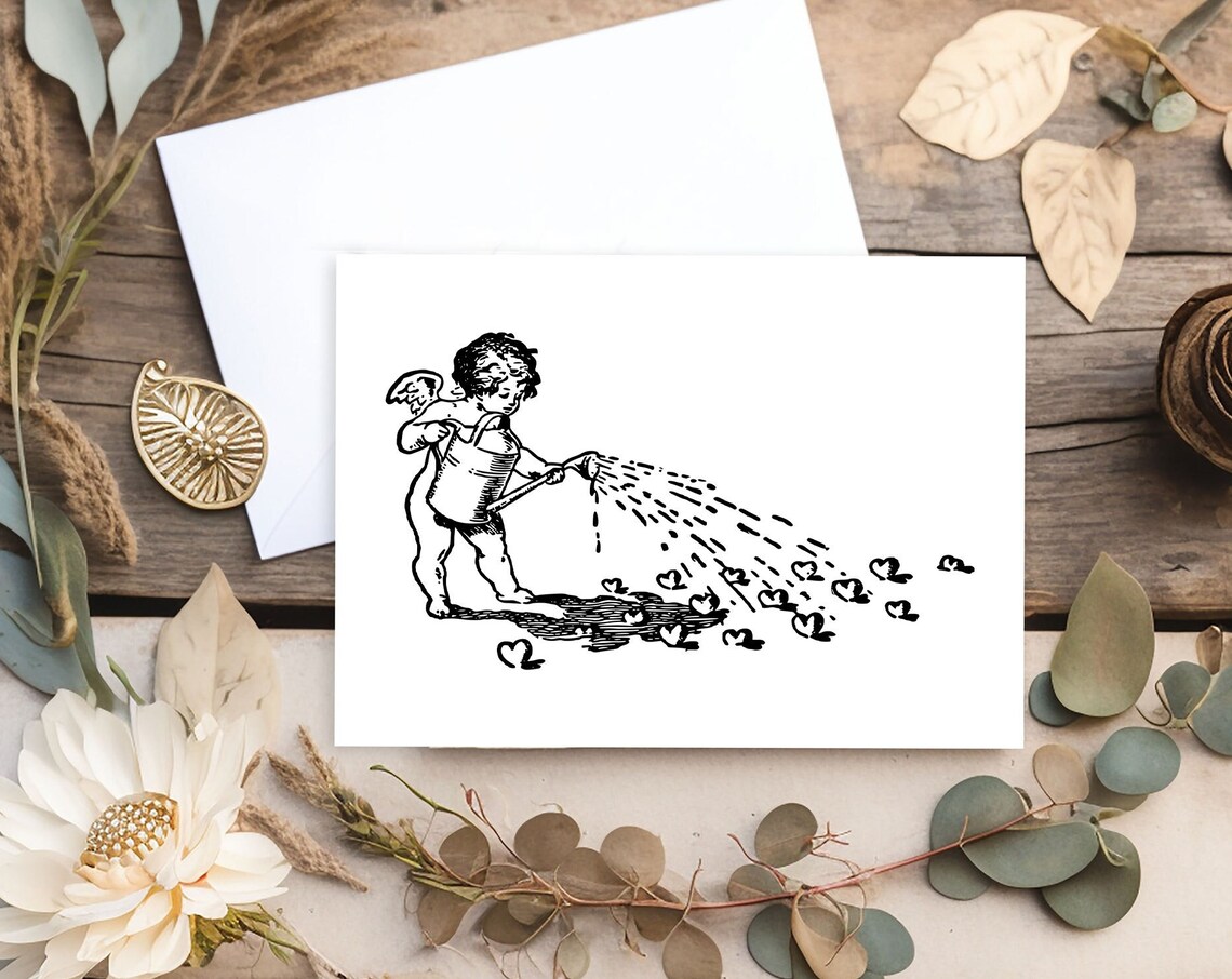 Cupid Watering Hearts Vintage Valentine Day Blank Notecard Set Print
