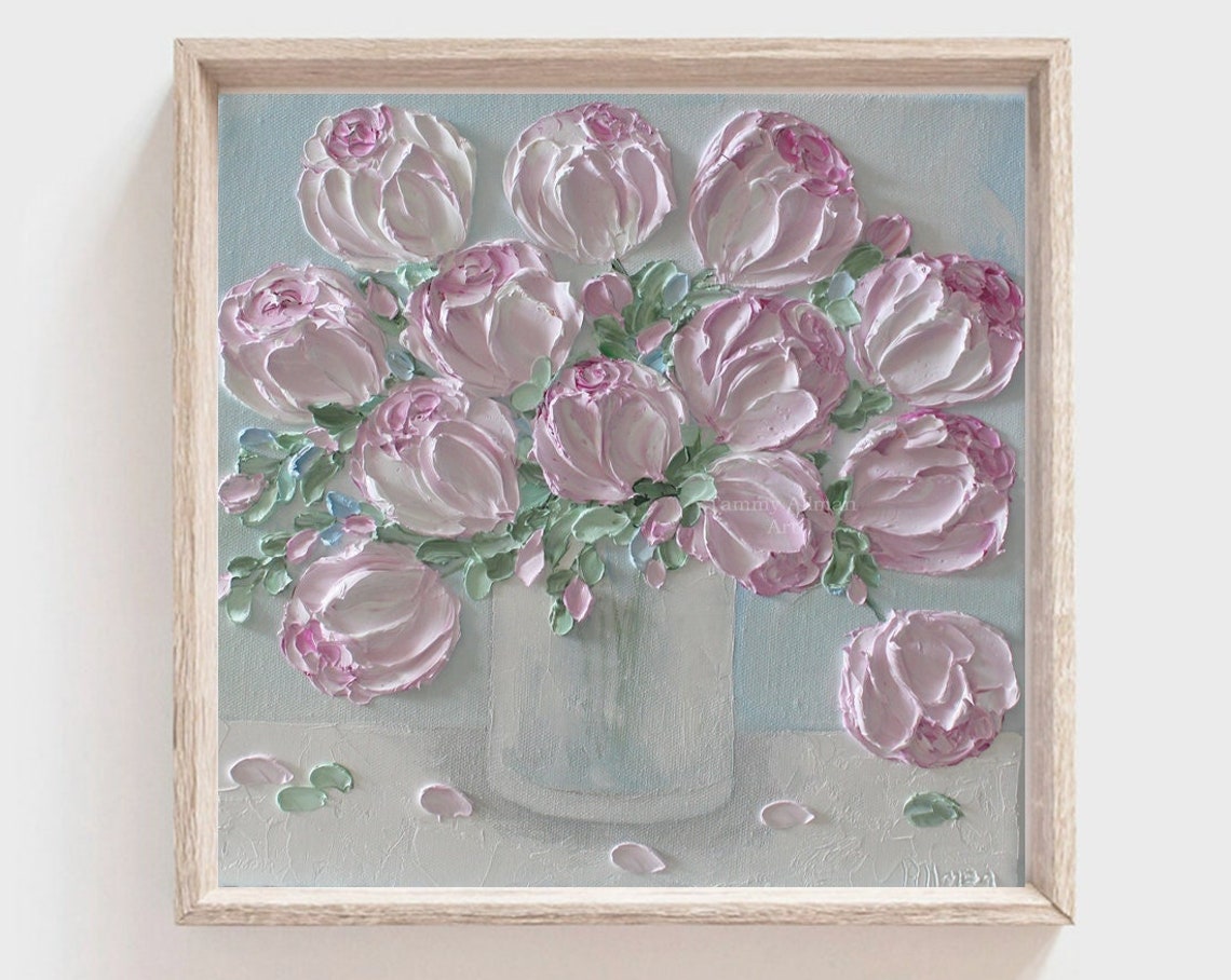 Pastel Pink Peonies Impasto Bouquet on Blue Background Art Poster