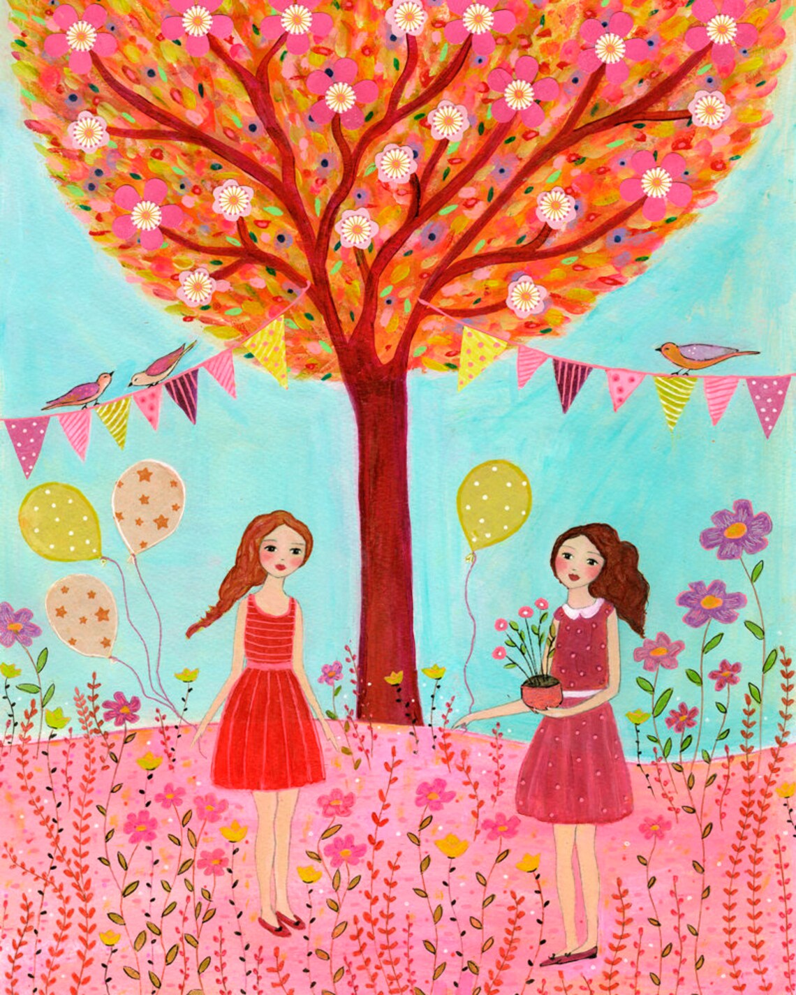Two Happy Girls At Garden Party Under Blossom Tree Art Poster