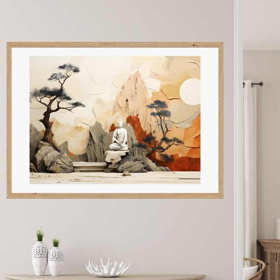 White Buddha Statue in a Paper-Cut Mountain Garden Scene Poster