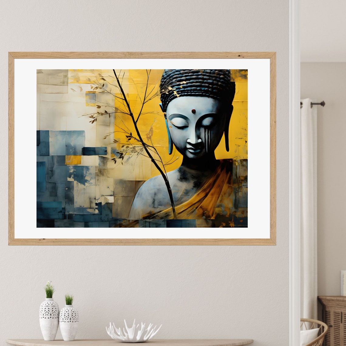Abstract Buddha Portrait with Mustard Yellow Background Poster