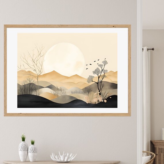 Minimalist Golden Watercolor Hills at Sunrise with Birds Poster