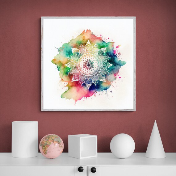 Rainbow Watercolor Mandala with Pink Green Blue Splash Poster